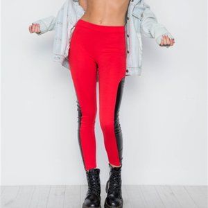 Red  & Royal Blue Faux Leather Sides Mid-Rise Leggings